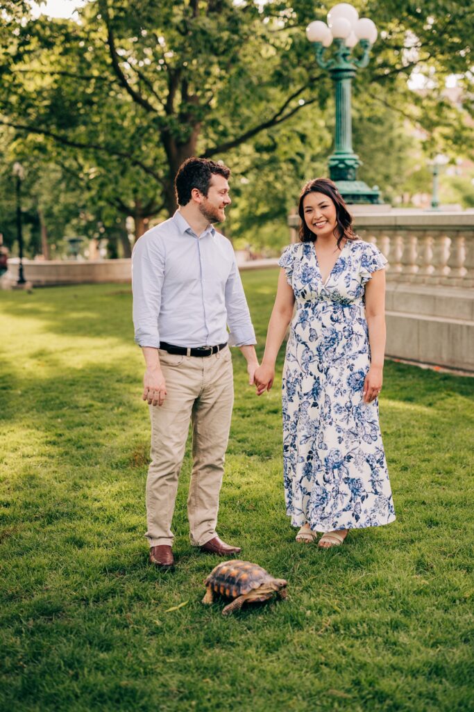 Engaged couple holding hands on a grassy lawn while watching a tortoise during a Madison engagement session near the Wisconsin State Capitol.
